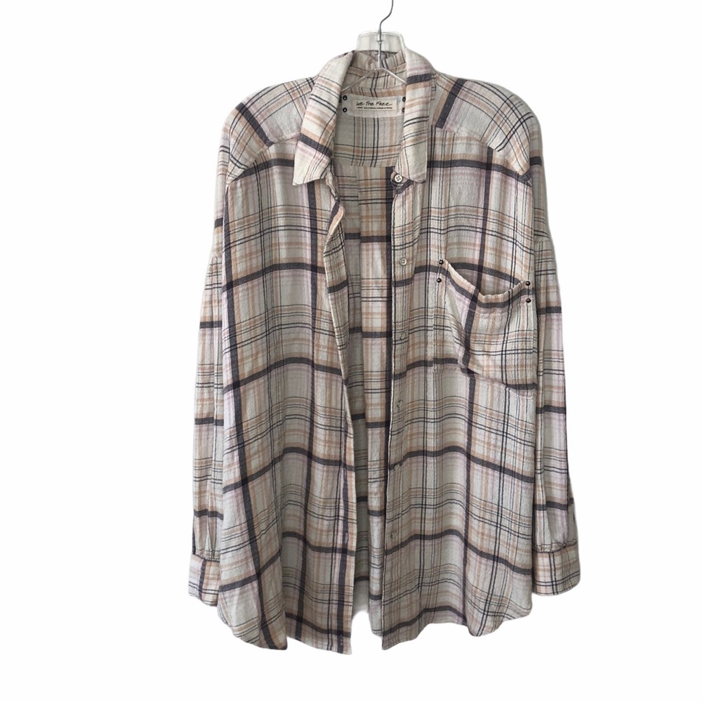 Free People Oversized Pink and White Flannel L